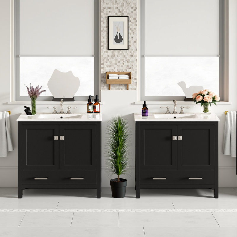 Meuble-lavabo double 72 po avec lavabos en céramique et rangement à fermeture en douceur 72 po, Noir