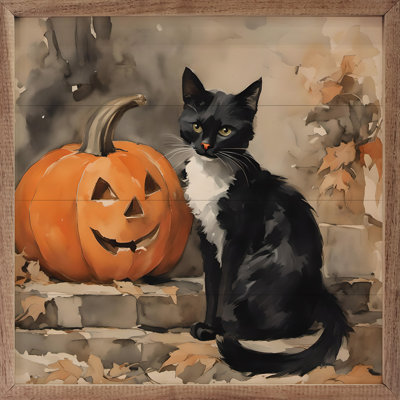 «Chat noir avec citrouille» sur bois