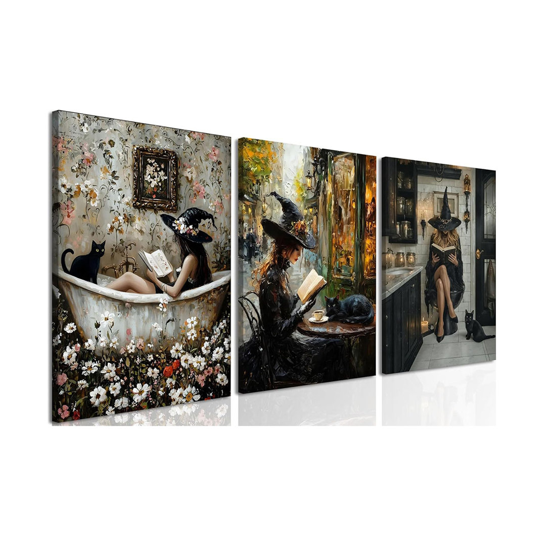 Whimsical Witchy Bathroom Wall Art Set Of 3 Dark Goth Witch And Black Cat In Bathtub Wall Decor Pictures Funny Halloween Bathroom Poster Canvas Print