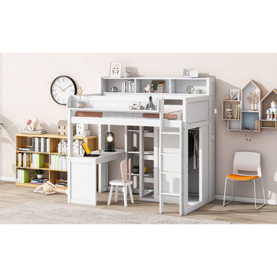 Wood Twin Loft Bed, White, With Bookcase Storage Leisure Desk And