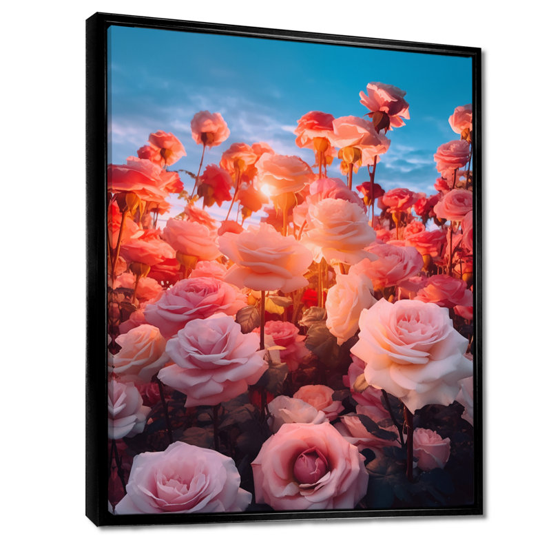 Décoration murale rose, champ rose, coucher de soleil - roses, H 20 po x l 12 po x P 1 po, Toile avec cadre flottant noir