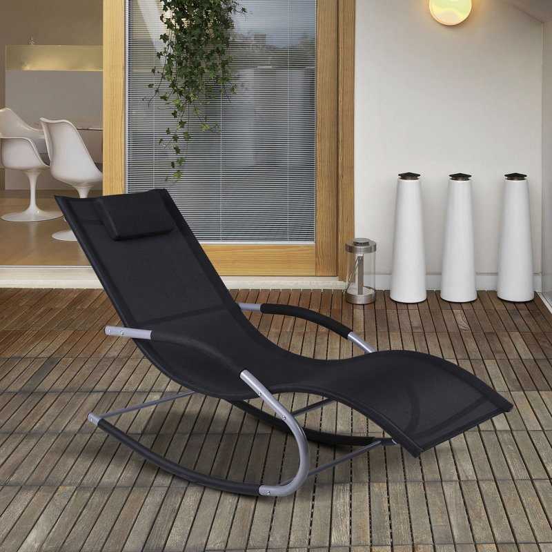 Anyelo Outdoor Steel Chaise Lounge, Zero Gravity Rocking Chair, Recliner Rocker with Detachable Pillow, Black