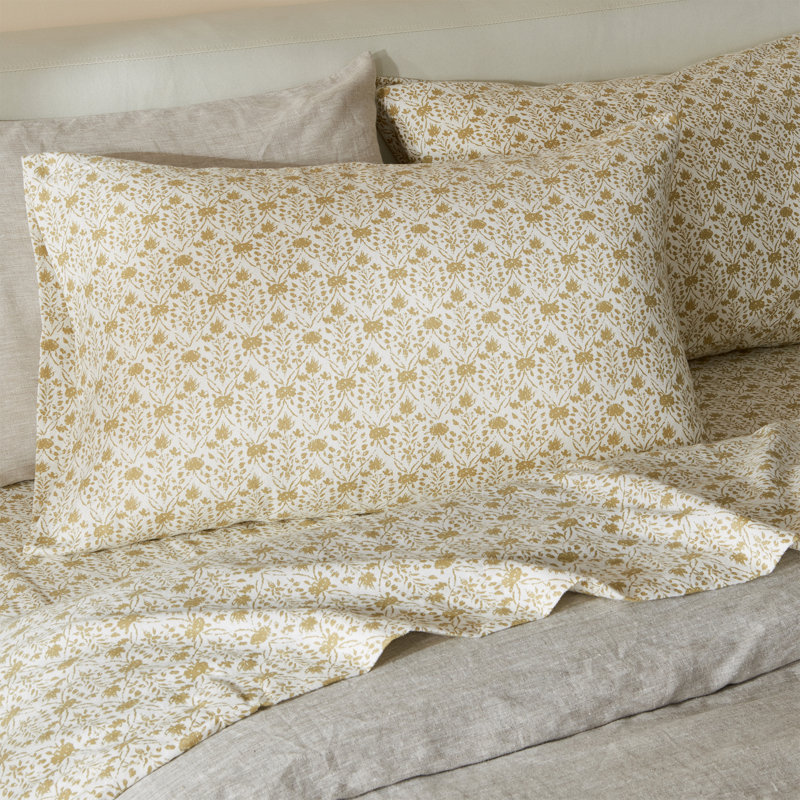 100% Cotton Vintage Floral Printed Flannel Sheet Set, Queen Sheet Set + 1 Fitted Sheet + 2 Pillowcases, Geo Floral - Mustard