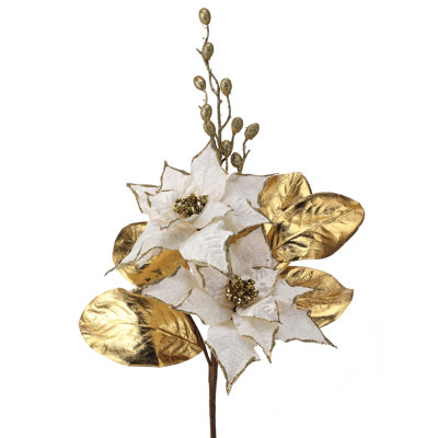 23" Poinsettia/Berry/ Gold Gilded Leaf Pick