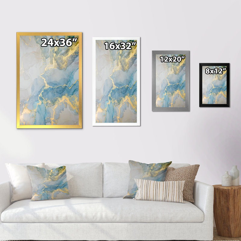 «Luxury Turquoise Grey Marbré Flow Art», reproduction sur toile, H 20 po x l 12 po x P 1 po, Toile avec cadre photo noir