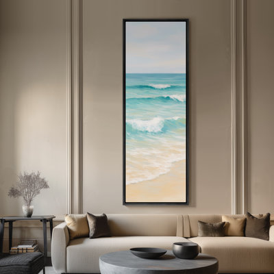 Large Framed Canvas Wall Art - Turquoise Seaside Peaceful Beach and Ocean Wave for Coastal or Bathroom Prints - 60"x20"