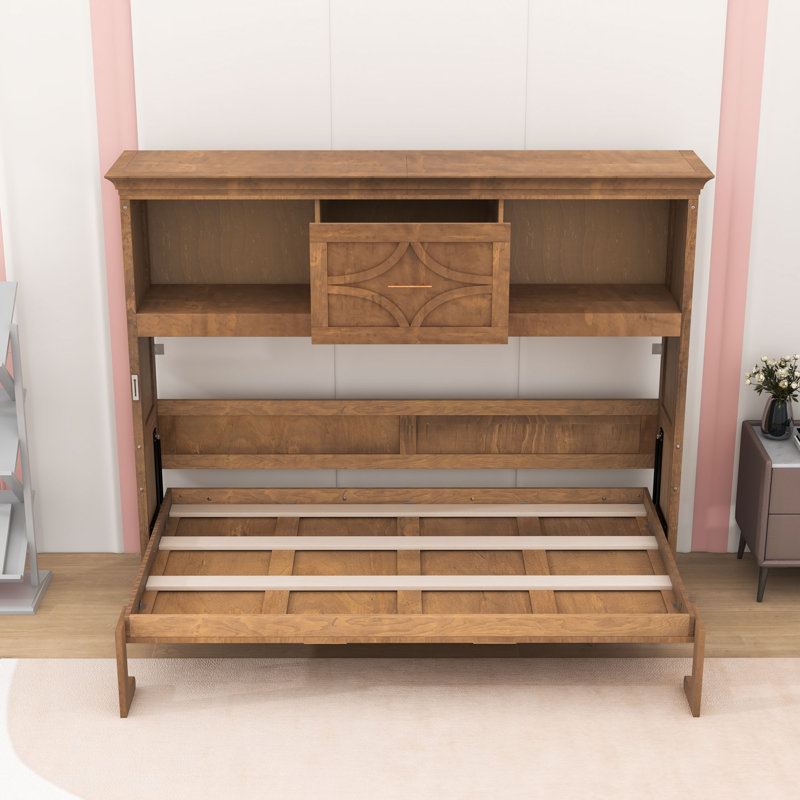 Lit escamotable 1 place en bois avec station de charge et tablettes, Bois