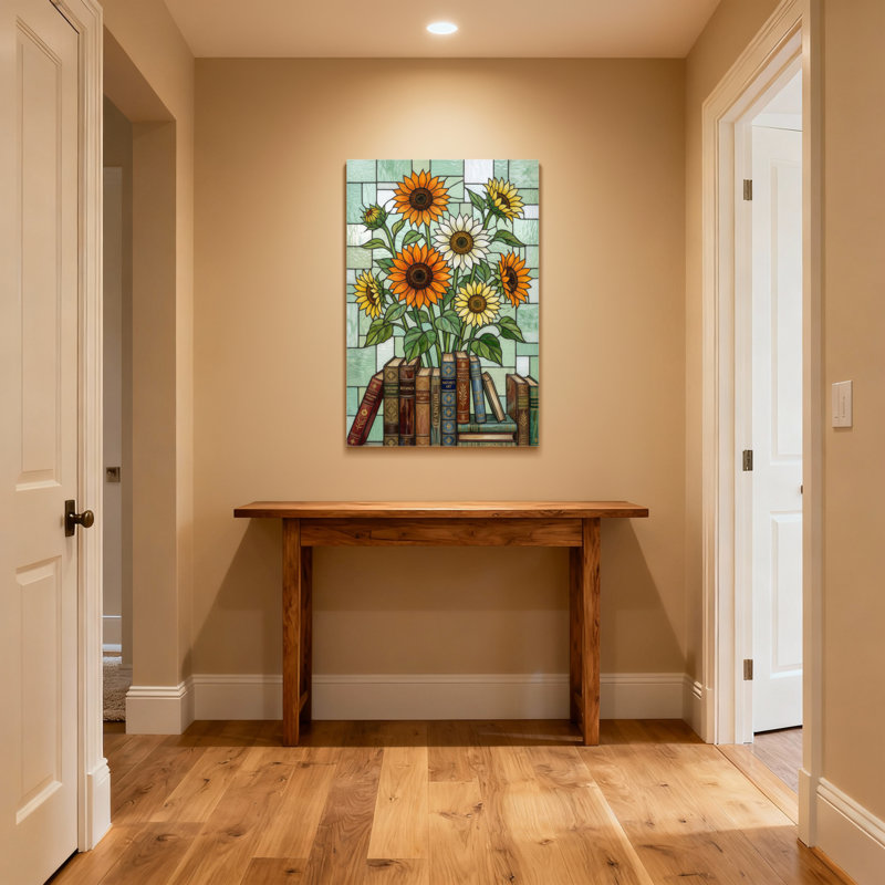 Plantes et fleurs, livres de tournesol, motif d'art en verre coloré, H 12 po x l 18 po, Grain de bois clair