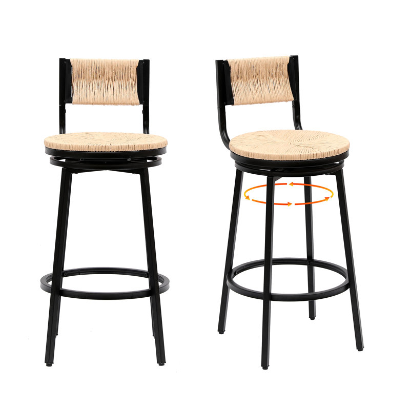 Tabourets de bar chaises de comptoir pivotantes avec cadre en métal, ensemble de 2 tabourets de bar en corde de papier tissés à la main pour comptoir de cuisine