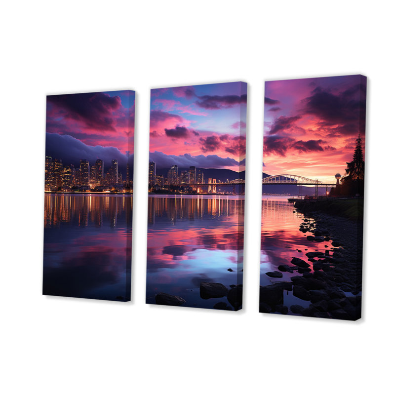 Canada Vancouver, crépuscule sur toile, reproduction de 3 pièces, H 28 po x l 36 po x P 1 po