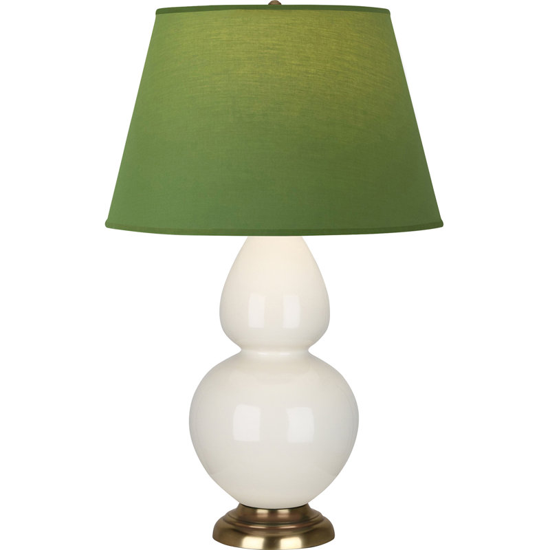 Lampe de table double gourde en céramique, Thé vert / taupe, Os verni / laiton, Laiton