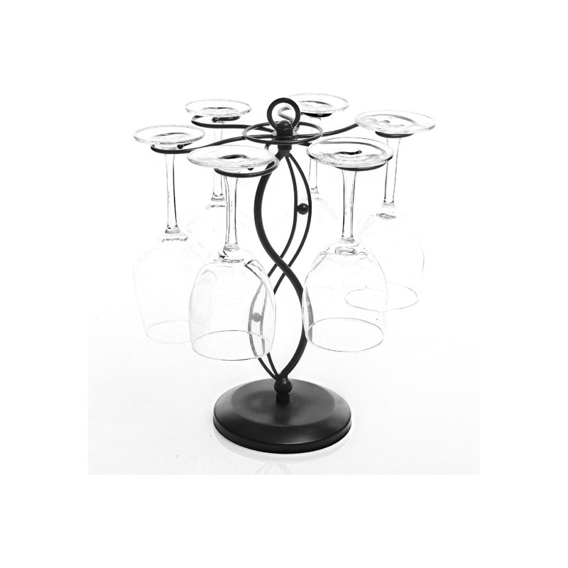 Support à verres à vin rotatif à 6 crochets avec base robuste et motif à volutes - Porte-verres à pied en métal noir | Rangement antirouille et peu encombrant pour la cuisine, le bar et la table de salle à manger (H 13,75 po)
