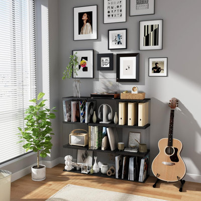 Vinyl Record Storage, Metal ,Wooden Vinyl Record Holder Up To 80 Album, 3-Compartment Record Player Stand For Magazine, Book, Files, Albums