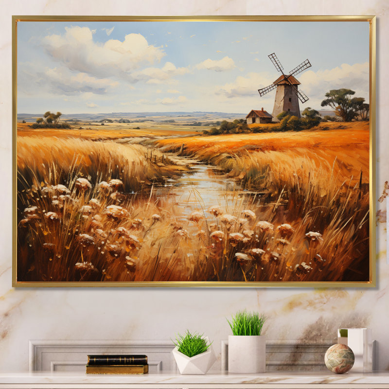 «Danemark Windmill Serenade», reproduction sur toile, Cadre flottant doré, H 16 po x l 32 po x P 1 po
