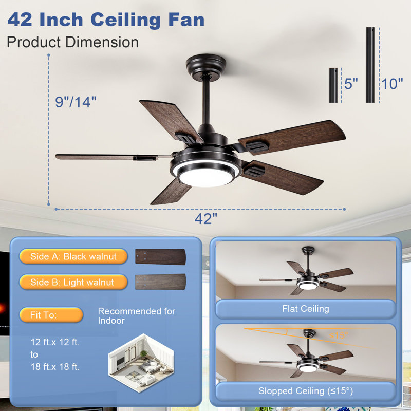 42 Inch Walnut Ceiling Fan with Light, 5-Blade, Gazebo Fan Dual Finish Reversible Remote Control for Living Room & Outdoor Patios, Farmhouse