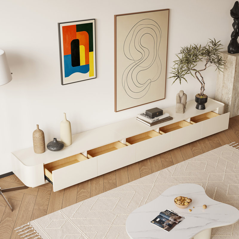 Meuble télé minimaliste, aucun assemblage requis, console multimédia longue avec tiroirs de rangement cachés, 114,2 po L