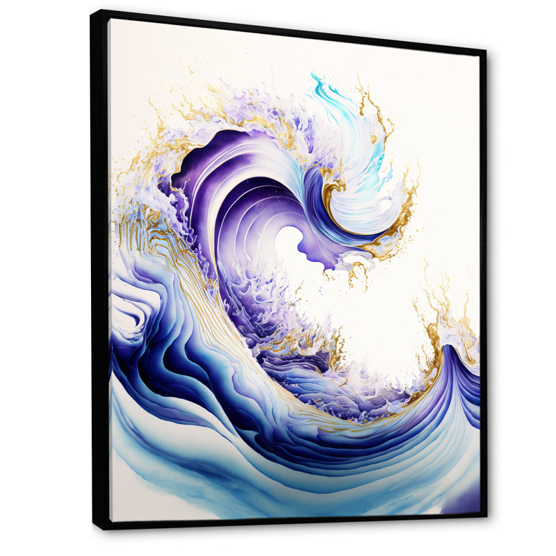 «Blue, Gold and Mauve Splash Paint II», peinture sur toile, H 32 po x l 16 po x P 1 po, Toile avec cadre flottant noir