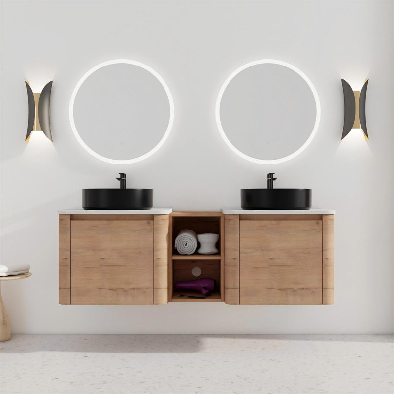 Meuble-lavabo double 24 po avec lavabo et armoires latérales 24 po, Noir