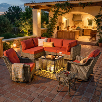 Emroy 6 - Person Reversible Modular Outdoor Conversation Set,Wicker Patio Seating Group with Lighted Coffee Table, All Weather Swivel Chair Set with Cushions