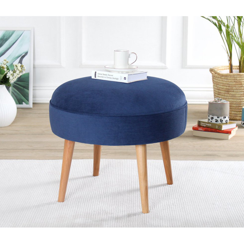 Élégant pouf avec pieds en bois de hêtre, bleu foncé, 20,5 po de diamètre x 17,3 po de hauteur | 100% coton, 35 éponges orthopédiques (épaisseur: 2,4 pouces) | Élégant et confortable pour le salon ou la chambre à coucher