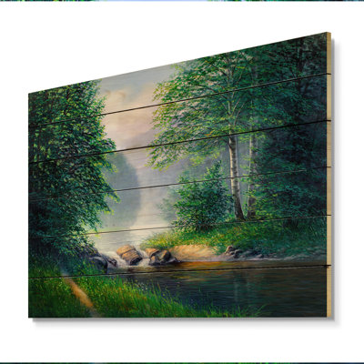 Paysage d'été d'une rivière forestière - peinture sur bois sans cadre