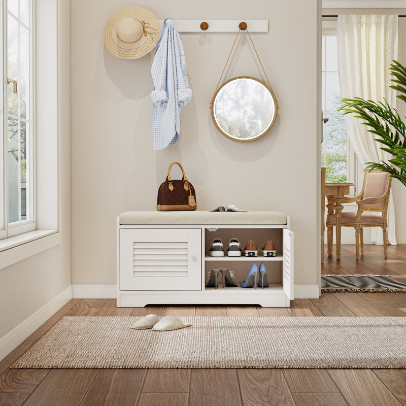 28.74"Shoe Storage Bench with 2 Door Cabinet, Entryway Bench with  White Shoe Storage, Shoe Bench with Cushion