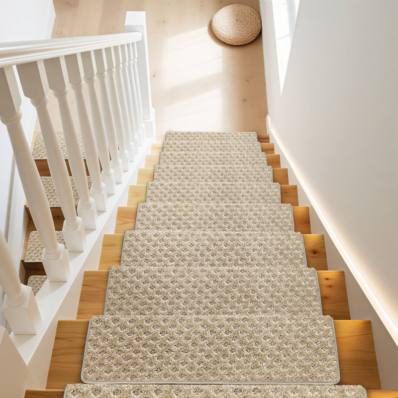 Tapis d'escalier bullnosés antidérapants, Mini treillis crème et gris diamant, 14