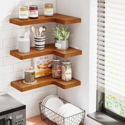 Tablettes d'angle flottantes pour étagères murales en bois massif naturel de style maison de campagne décorative (brun rustique)