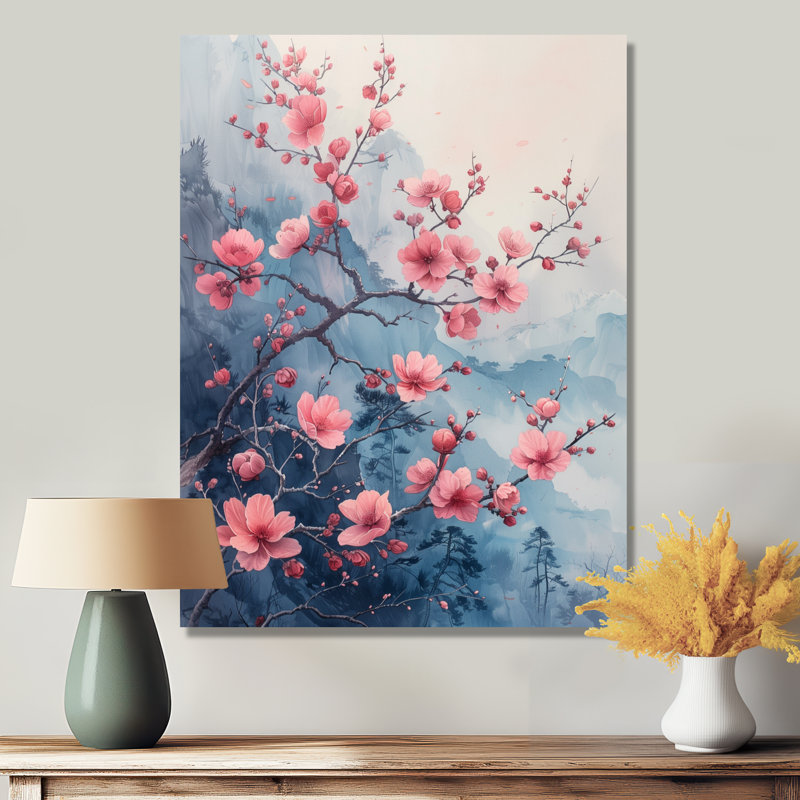 Fleur de cerisier rose gris dans un salon - art mural cerisier en fleurs, Toile tendue, H 40 po x l 30 po x P 1,5 po