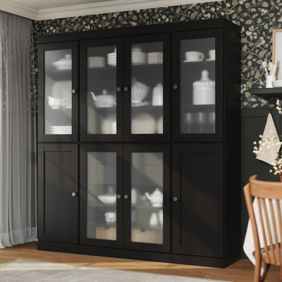 Garde-manger 100% en bois massif 65 po avec verre givré, portes Shaker, 2 tiroirs et tablettes réglables