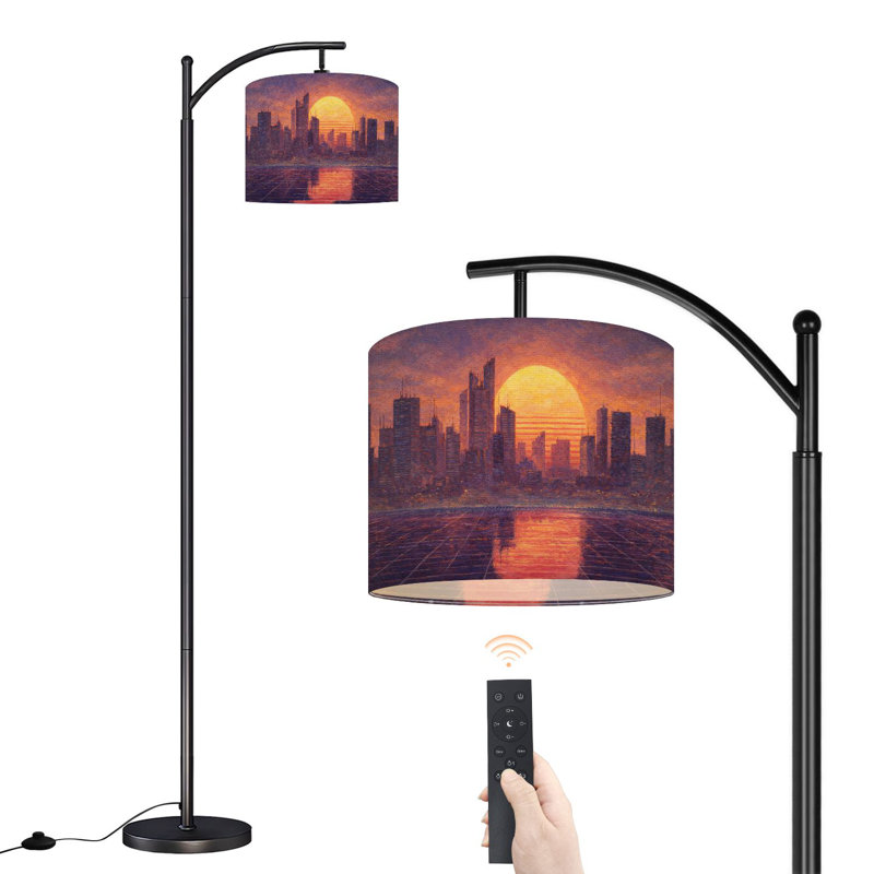 Arc Floor Lamp with Adjustable Lampshade Vintage vaporwave cyber city purple pink neon glow sunrise Standing Lamp 3 Color Temperatures Dimmable Tall Pole Lamp with Foot Switch for Bedroom
