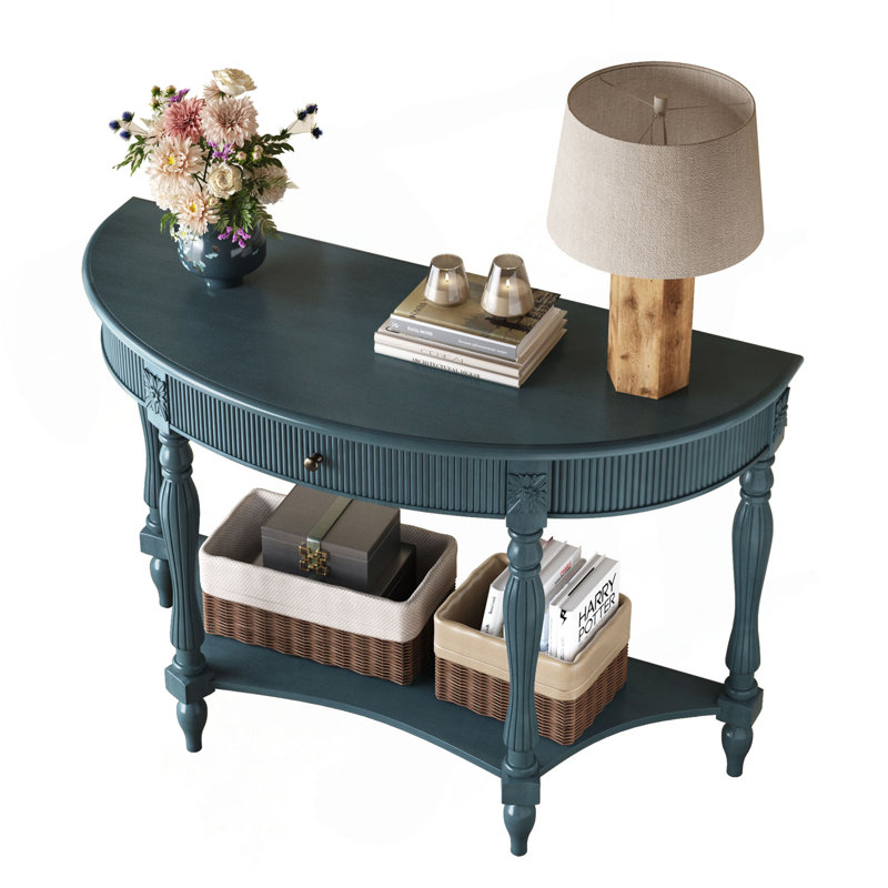 Console demi-lune en bois massif avec tiroir et tablette, Antique Blue