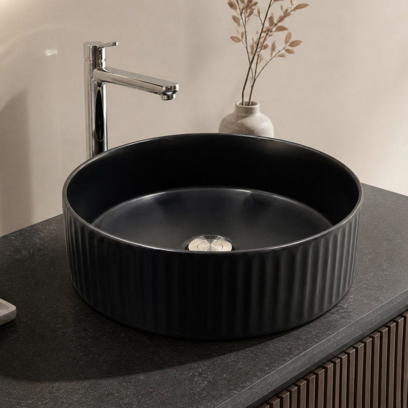 Vasque à poser ronde en céramique noire cannelée de style moderne, 35,5 cm (14 po)