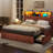 Farmhouse Wood Bed Frame with Bookcase Storage Headboard, 5 Drawers & LED Lights, Grey Wooden Platform Bed with Charging Station, Barn Door Design, No Box Spring Needed-400860235-370782390