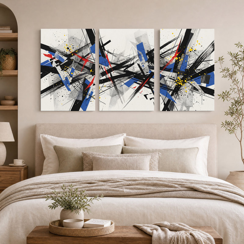 Ensemble de 3 toiles abstraites à coups de pinceau noirs, bleus et rouges, 18"H x 12"W x 3pcs