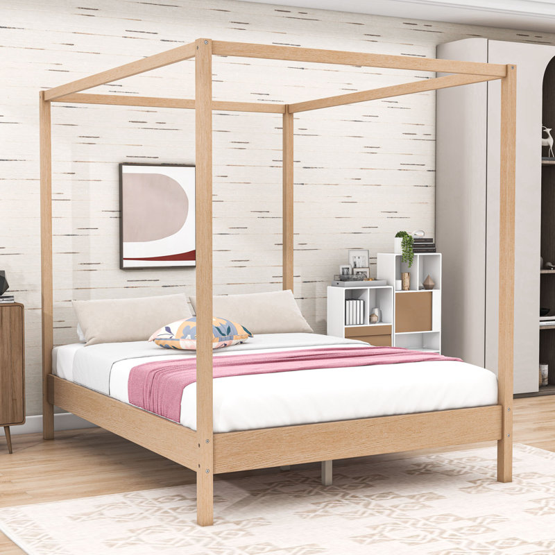 Wood Four Poster Platform Bed, Natural, Queen