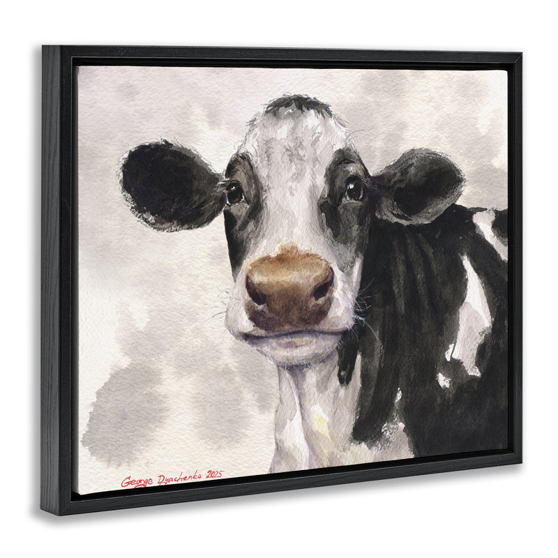 Vache mignonne avec cadre flottant abstrait, design par George Dyachenko, Cadre flottant noir de jais, H 17 po x l 21 po