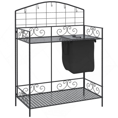 Table de rempotage pliante Outsunny, poste de travail de jardin en métal, banc de travail avec grand sac encastré avec couvercle, 5 crochets de suspension et tablette de rangement, s'épanouit
