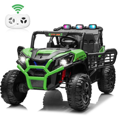 Voiture à 2 places 24V pour enfants en vert avec télécommande, lumières DEL, lecteur de musique, suspension, portes doubles et modes haute / basse vitesse