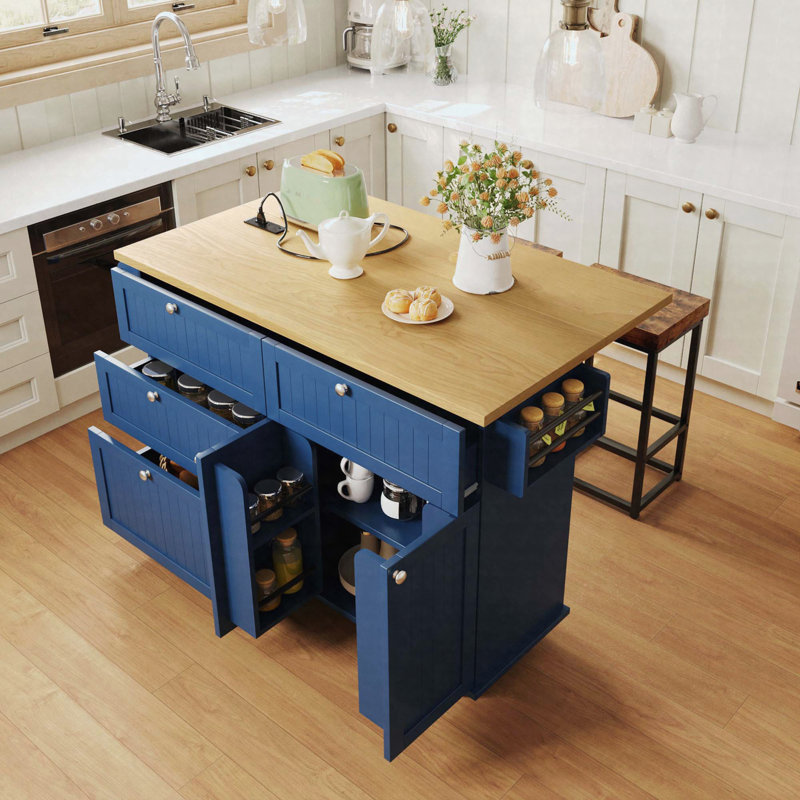 Farmhouse Kitchen Island with Drop Leaf and 2 Seatings, Kitchen Table Set with Storage Cabinet, Drawers, Door Shelves and Power Outlet, Blue