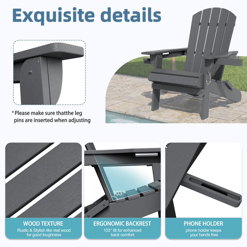Outdoor HDPE Foldable Adirondack Chair Set, Gray