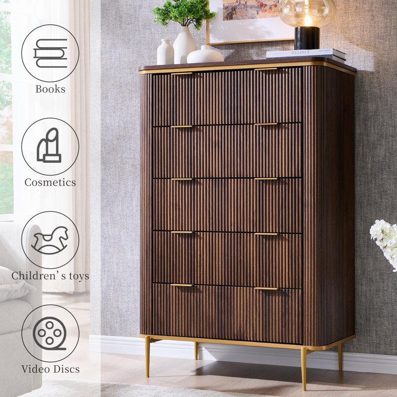 48" Tall Fluted 5 Drawers Dresser, Modern Chest Of Drawers With Metal Handle, Dark Walnut