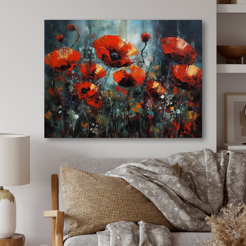 Pivoines rouges en fleurs sur impression métallique, H 12 po x l 20 po, Metal