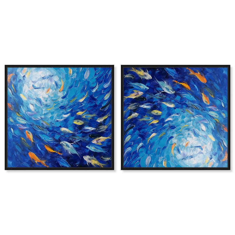 Sea of Vibrant Tides Set Canvas Flowy Abstracts by Art Remedy, Black Framed, 13" H x 13" W