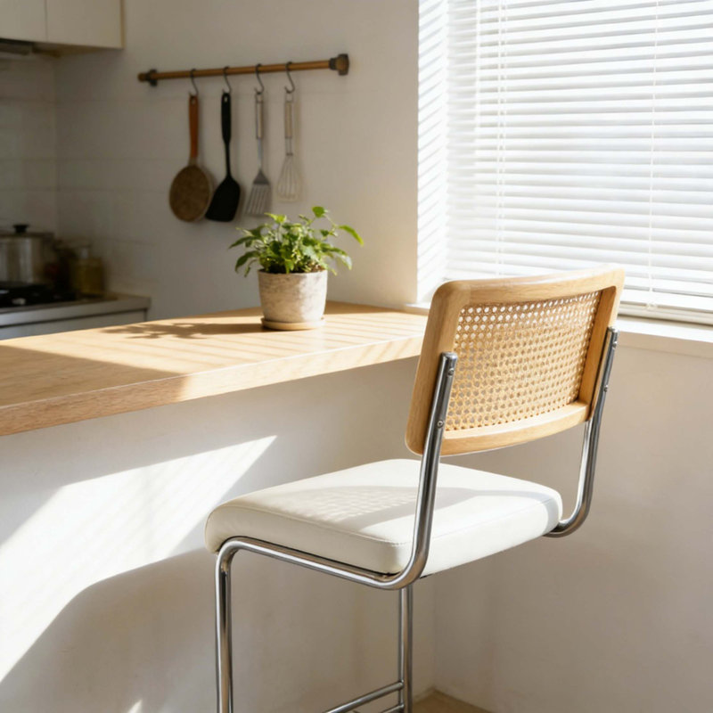 Ensemble de tabourets de bar en rotin naturel avec dossier en bois massif