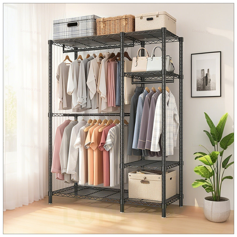 Heavy Duty Clothes Rack, Freestanding Closet Organizer, Portable Metal Clothing Rack with 6 Adjustable Wire Shelves and 3 Clothes Rails for Maximum Storage