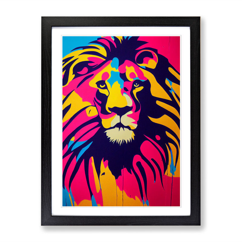 Lion Graffiti Paint - Picture Frame Print, 64cm H x 46cm W x 2cm D, Walnut
