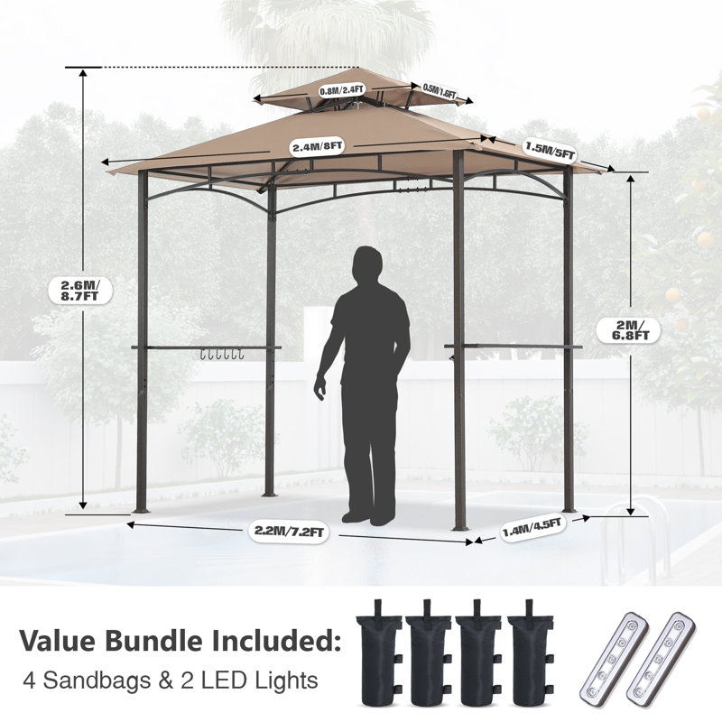 8' W x 5' D Double-Tiered Grill Gazebo with LED Lights, Khaki