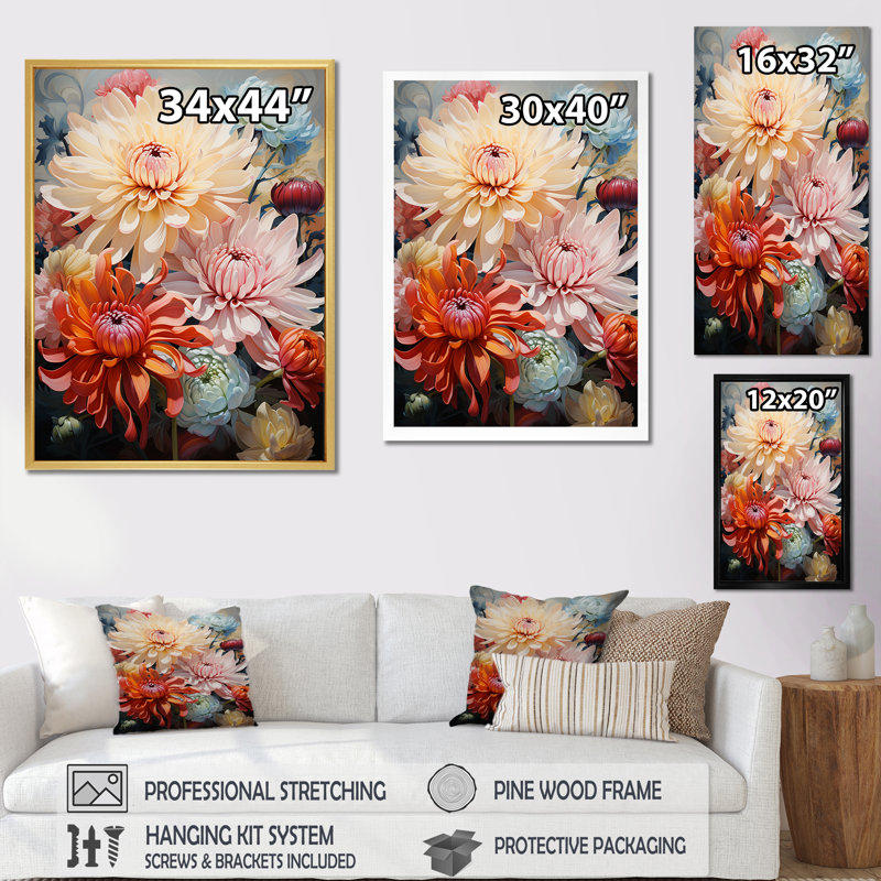 Mums Flow Curved Stems On Canvas Print, White Single Picture Framed, 32" H x 16" W x 1" D