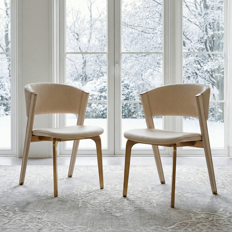 Apricot Beige Faux Leather Dining Chair with Wrap-Around Back and Gold Stainless Steel Legs